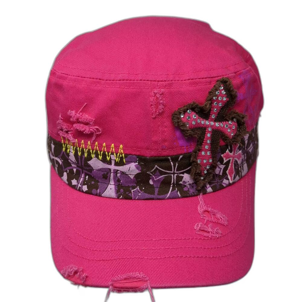 Leader Army Cap Pink Rhinestone Cross Distressed One Size Cotton Adjustable Hat